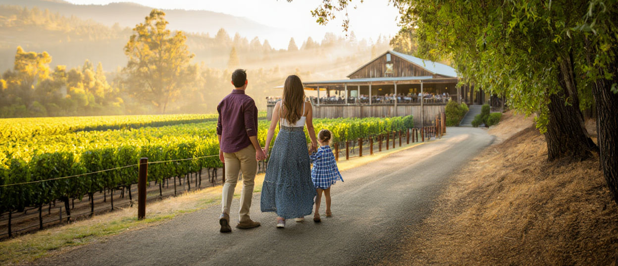Morning walk along a river path near downtown Napa with families heading toward breakfast, reflecting an easy and walkable family hotel location.