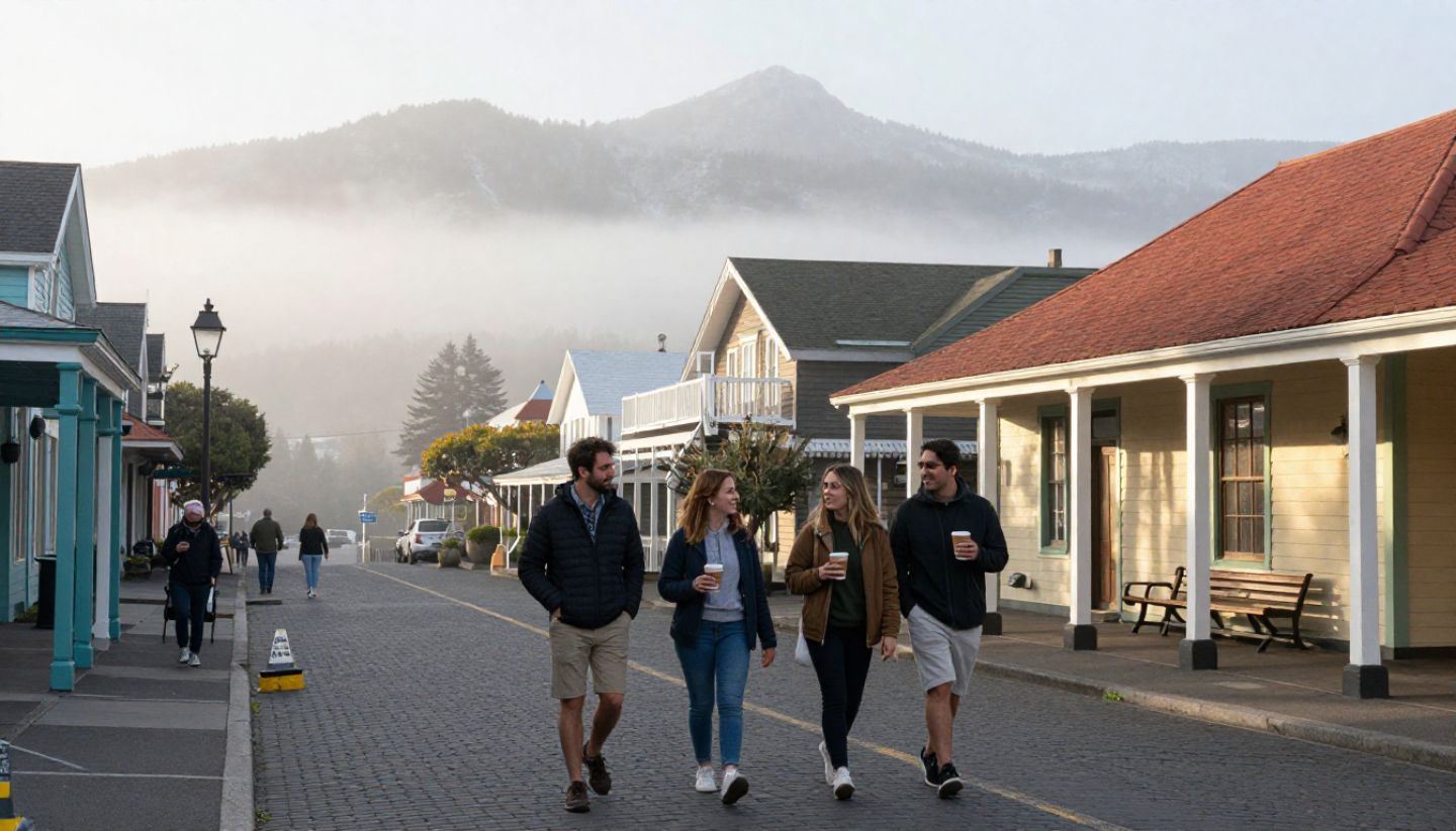 Group of friends walking through Yountville Napa Valley in the morning with vineyard views, highlighting a casual and social girls getaway experience.