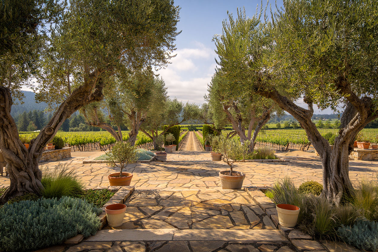 Garden courtyard at a boutique Napa Valley hotel with stone paths and native landscaping, reflecting the relaxed pace of a wine country stay.