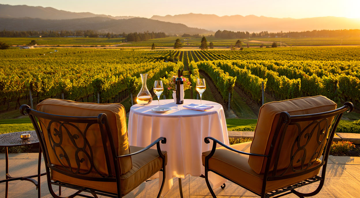 Morning fog lifting over Napa Valley vineyards as seen from a hotel balcony in Yountville, showing the calm start to a wine country day.