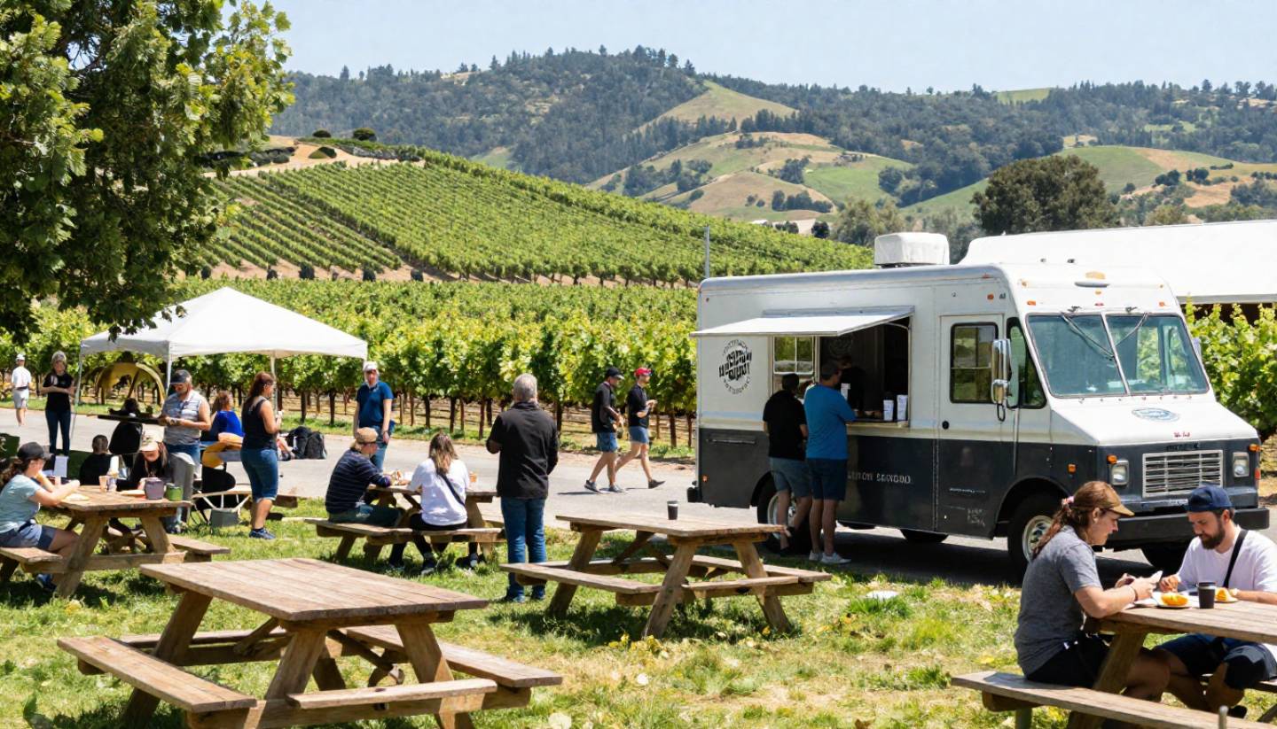 People ordering food from a Napa Valley food truck near downtown Napa with picnic tables and vineyard hills in the background on a sunny afternoon.
