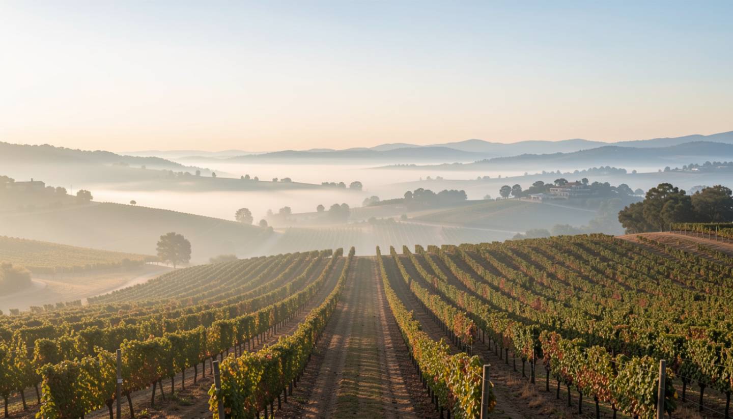 Early morning drive from Alameda County into Napa Valley with vineyard rows and soft light along the road.