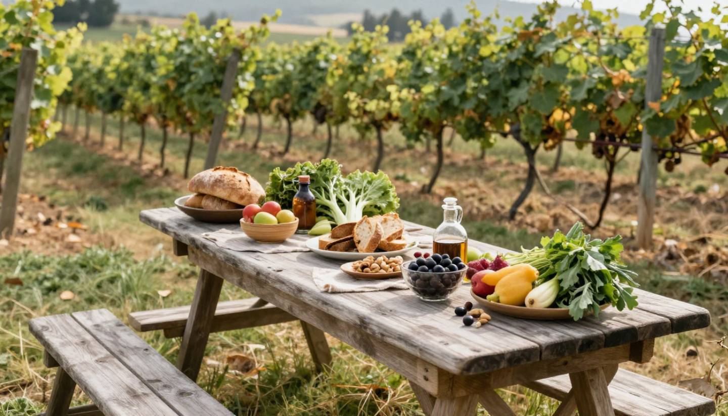 Plant-based picnic with fresh vegetables, bread, and fruit set near vineyard rows in Napa Valley on a calm afternoon.