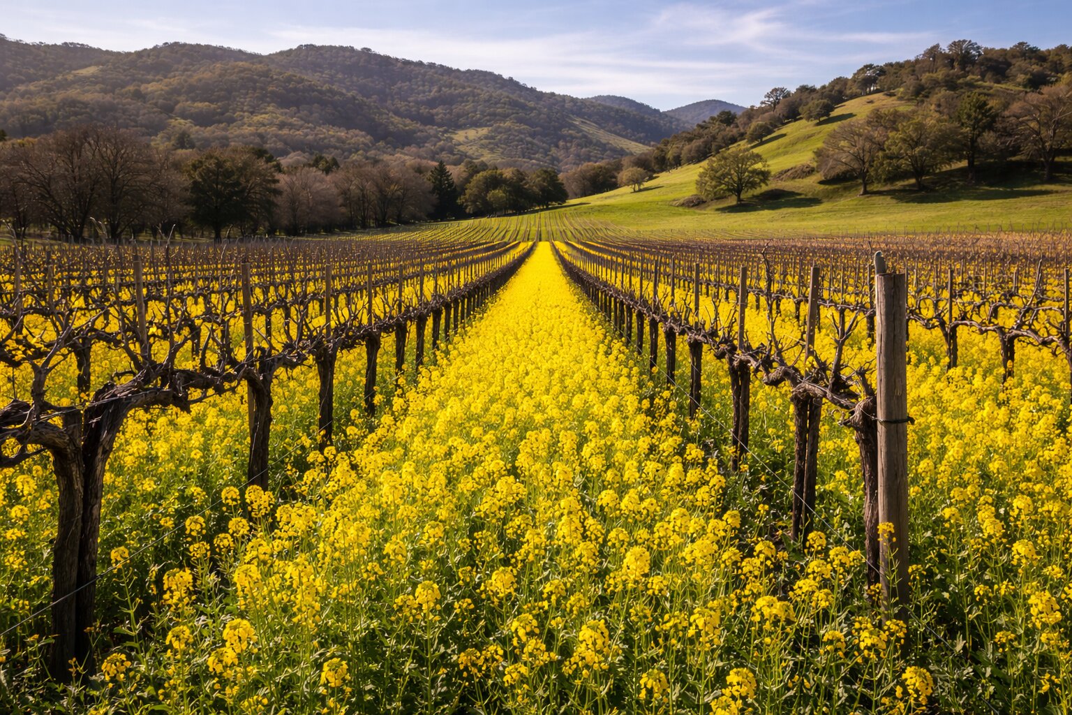 Yellow mustard flowers blooming between vineyard rows at Alston Park in Napa Valley during early spring.