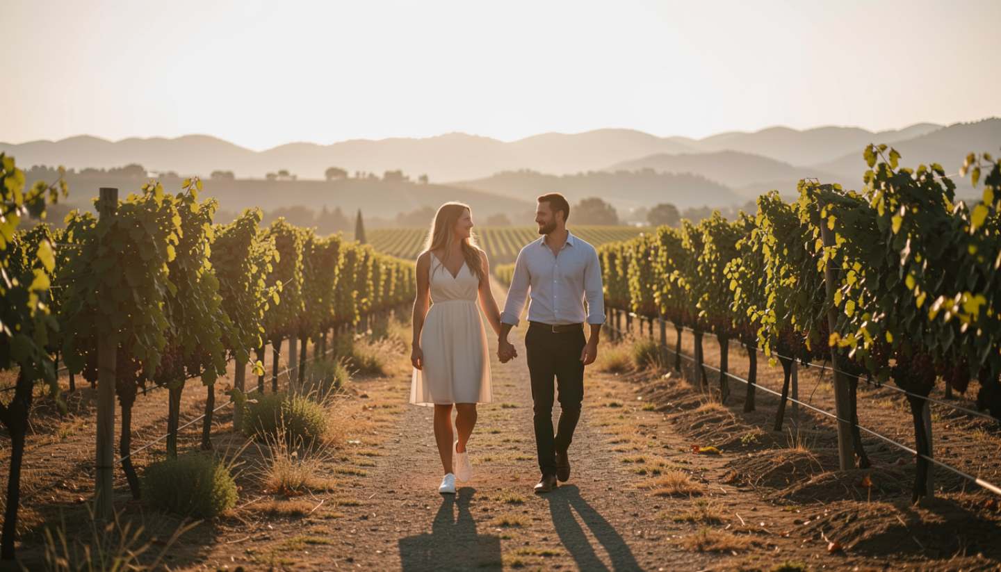 Couple walking together along a vineyard path in Napa Valley during soft sunset light on an anniversary trip from San Mateo County.