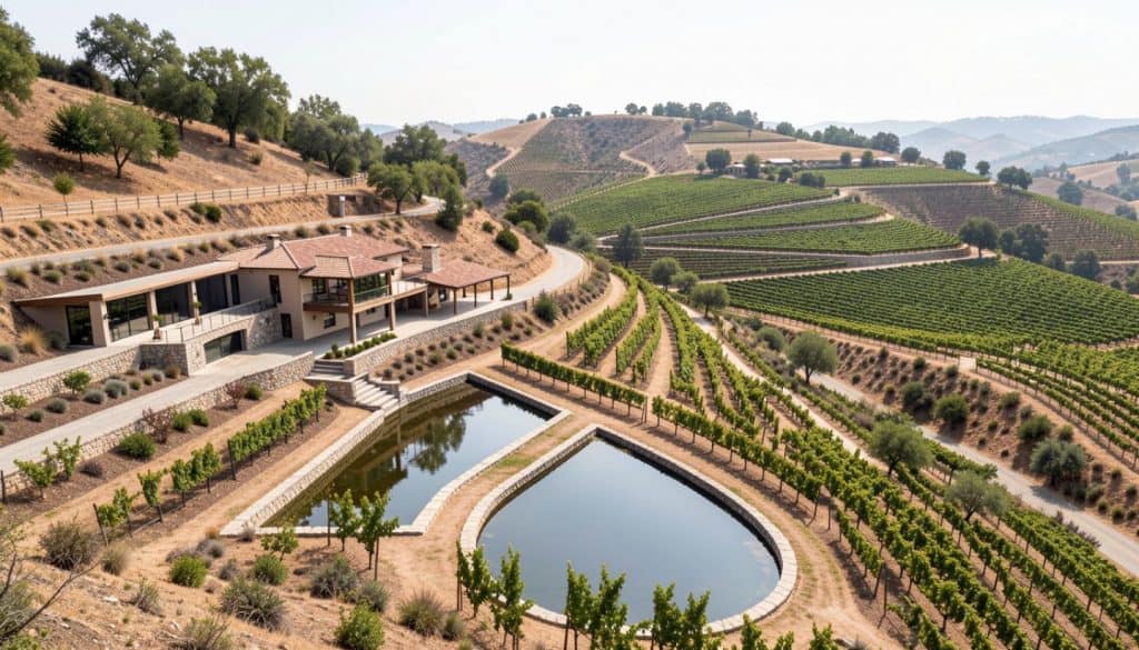  Terraced estate winery in the Carneros region of Napa Valley built into a hillside with reflecting pools and vineyard blocks descending toward the valley floor.