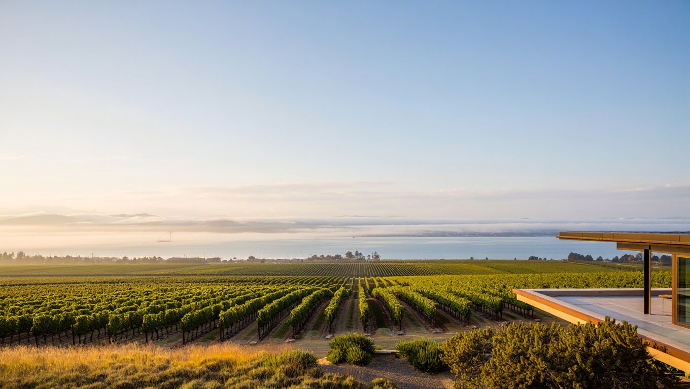 Scenic overlook from Artesa Winery in Carneros with vineyard rows leading toward San Pablo Bay under soft afternoon light.
