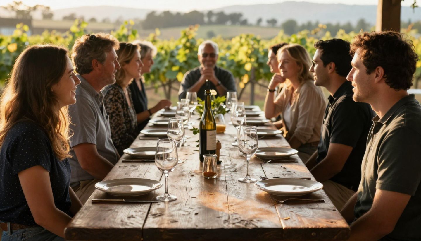 Group of friends gathered at an outdoor winery table in Napa Valley with shared food and wine, representing a refined bachelor and bachelorette celebration itinerary.