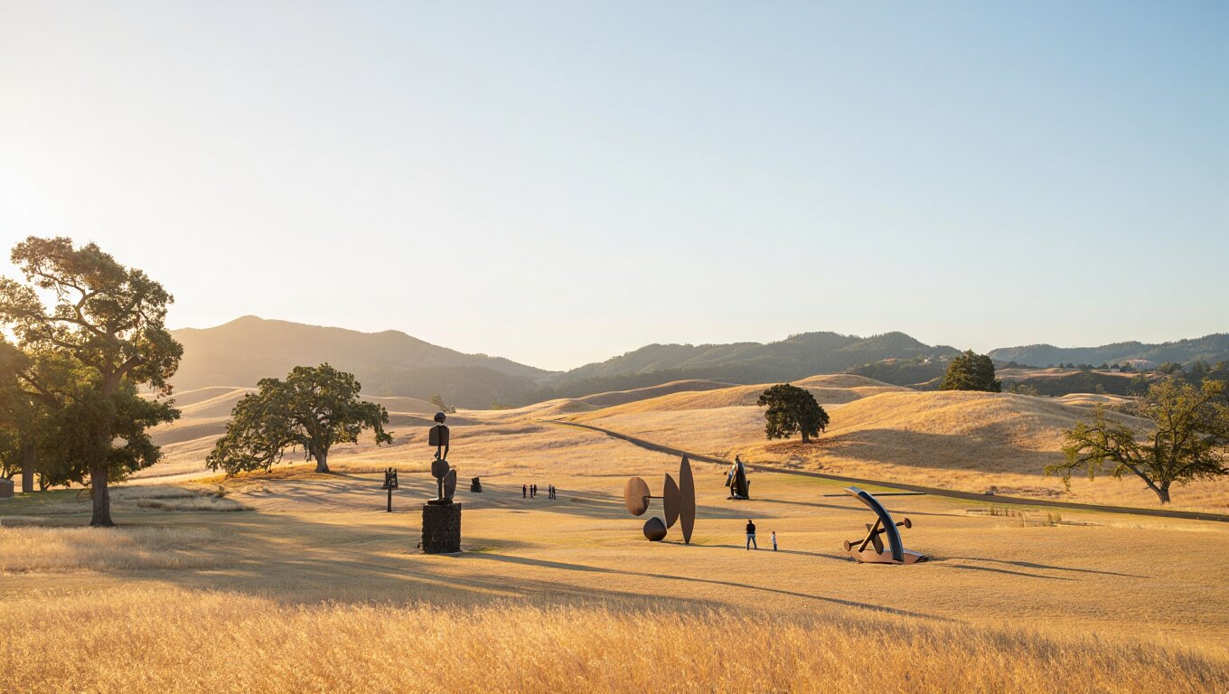 Outdoor contemporary art sculpture at the di Rosa Center in Napa Valley surrounded by rolling hills and natural landscape in soft afternoon light.