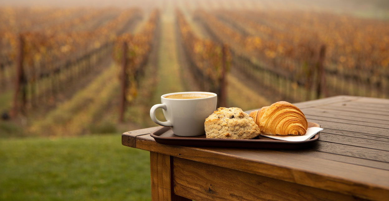 Morning coffee and fresh pastries on a table in Napa Valley as fog lifts over the valley floor during early light.
