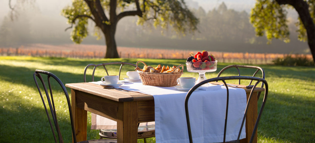 Garden breakfast at a Napa Valley bed and breakfast with coffee and pastries under oak trees as morning fog lifts over nearby vineyards.