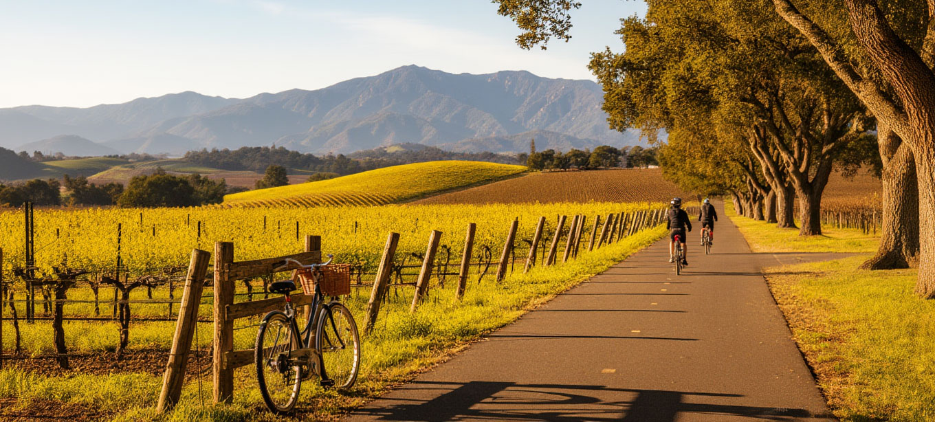 Cyclists riding along the Napa Valley Vine Trail near Yountville with vineyard rows and the Mayacamas mountains in soft evening light.