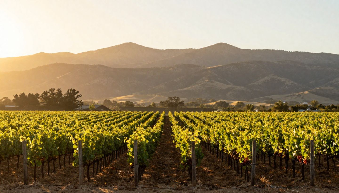 Golden hour light over estate Cabernet Sauvignon vineyard rows in St. Helena Napa Valley with the Mayacamas mountains in the background, representing a small boutique winery setting.