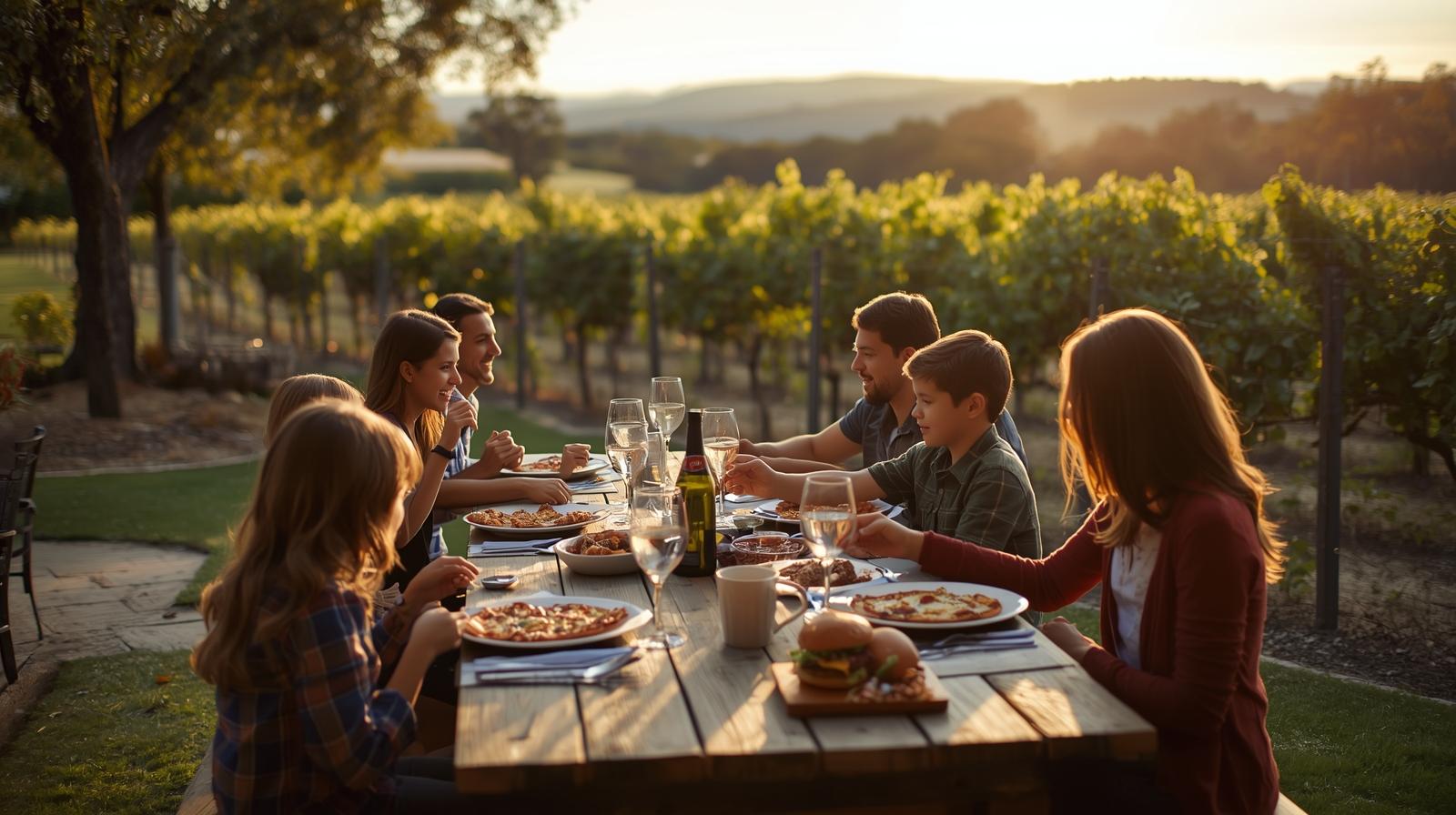 Family dining together at an outdoor Napa Valley restaurant with shared plates and vineyard light in the background.