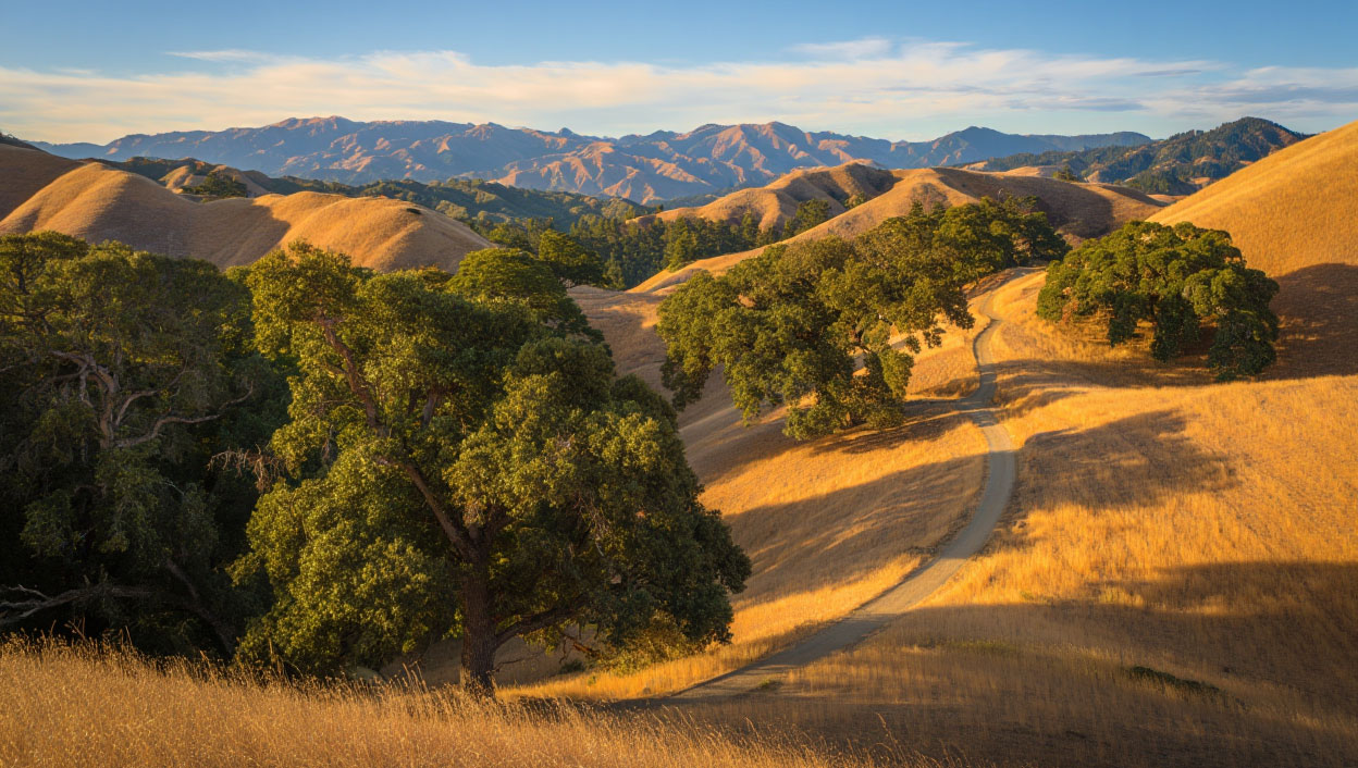 Scenic hiking trail at Skyline Wilderness Park in Napa Valley with oak trees, rolling hills, and soft light over the Mayacamas range.