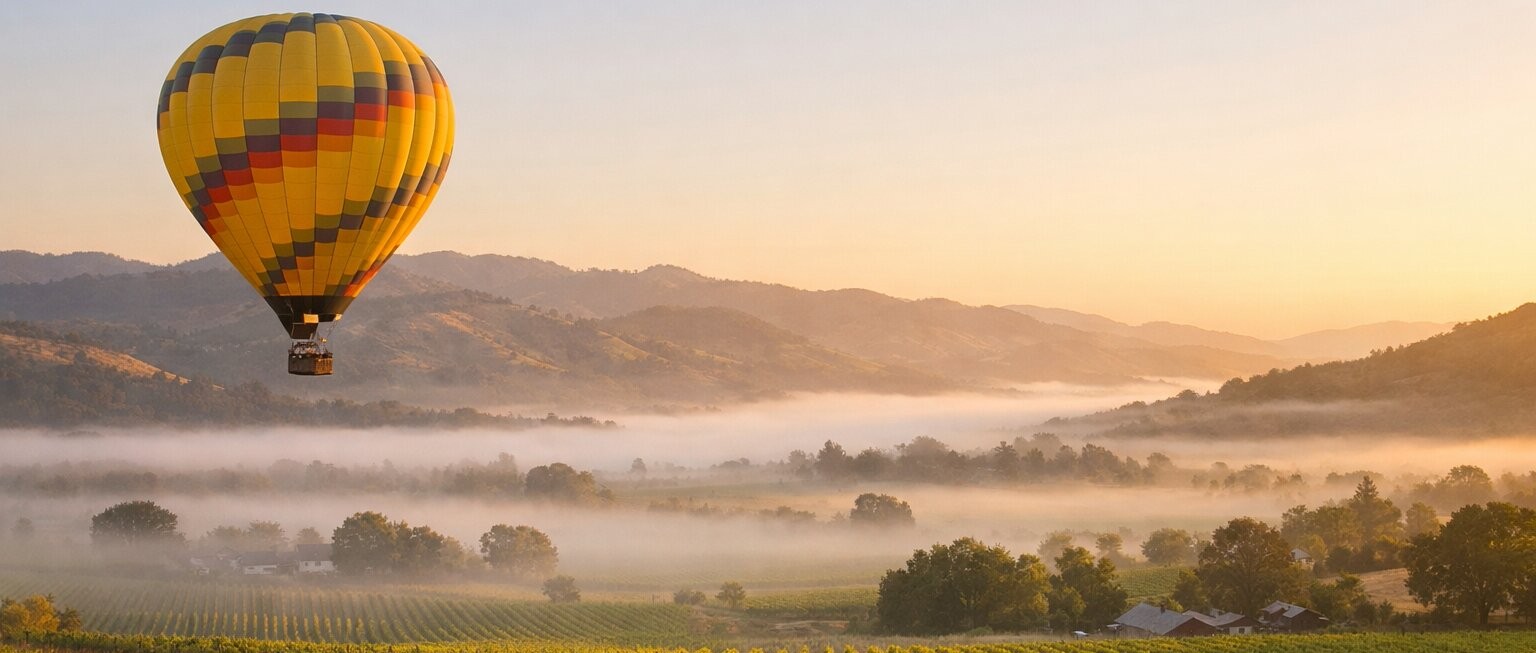 Hot air balloon drifting above Napa Valley vineyards at sunrise with morning fog and soft golden light.