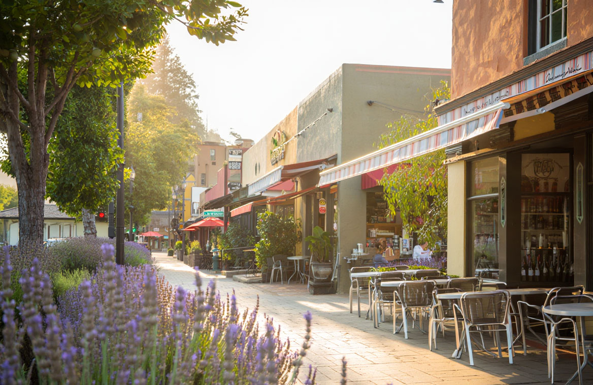 Early morning view of Washington Street in Yountville with lavender-lined sidewalks and boutique hotels in soft morning light.