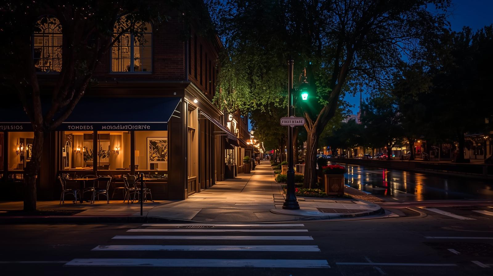 Quiet downtown Napa street at night with softly lit restaurants and empty sidewalks near the Napa River.
