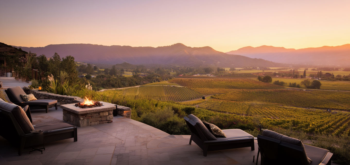 Golden hour view from a luxury resort in Napa Valley overlooking vineyard rows on the Rutherford Bench with the Mayacamas mountains in the distance.