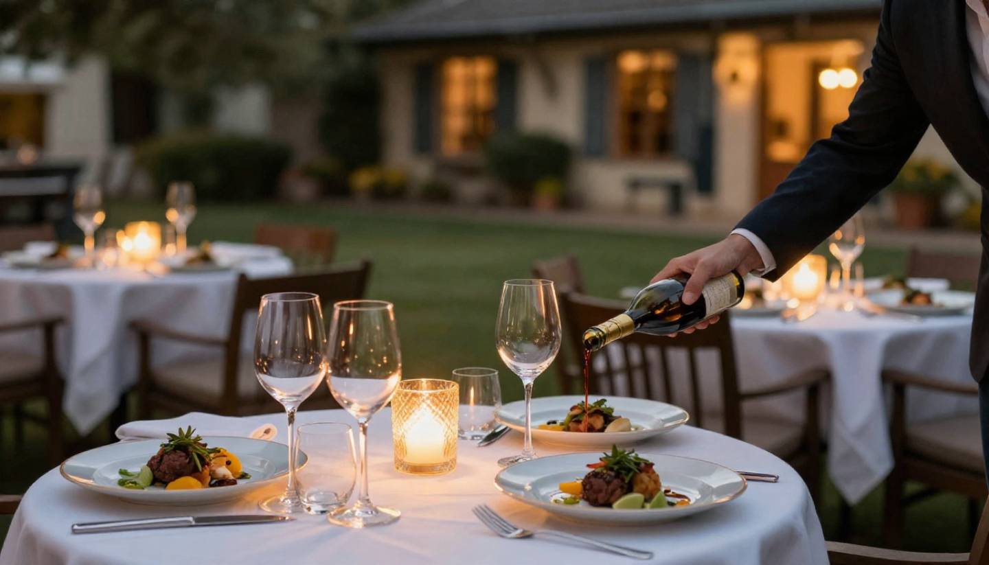 Outdoor dinner table in Yountville Napa Valley with seasonal dishes and wine, highlighting the walkable food focused hotel experience for culinary travelers.