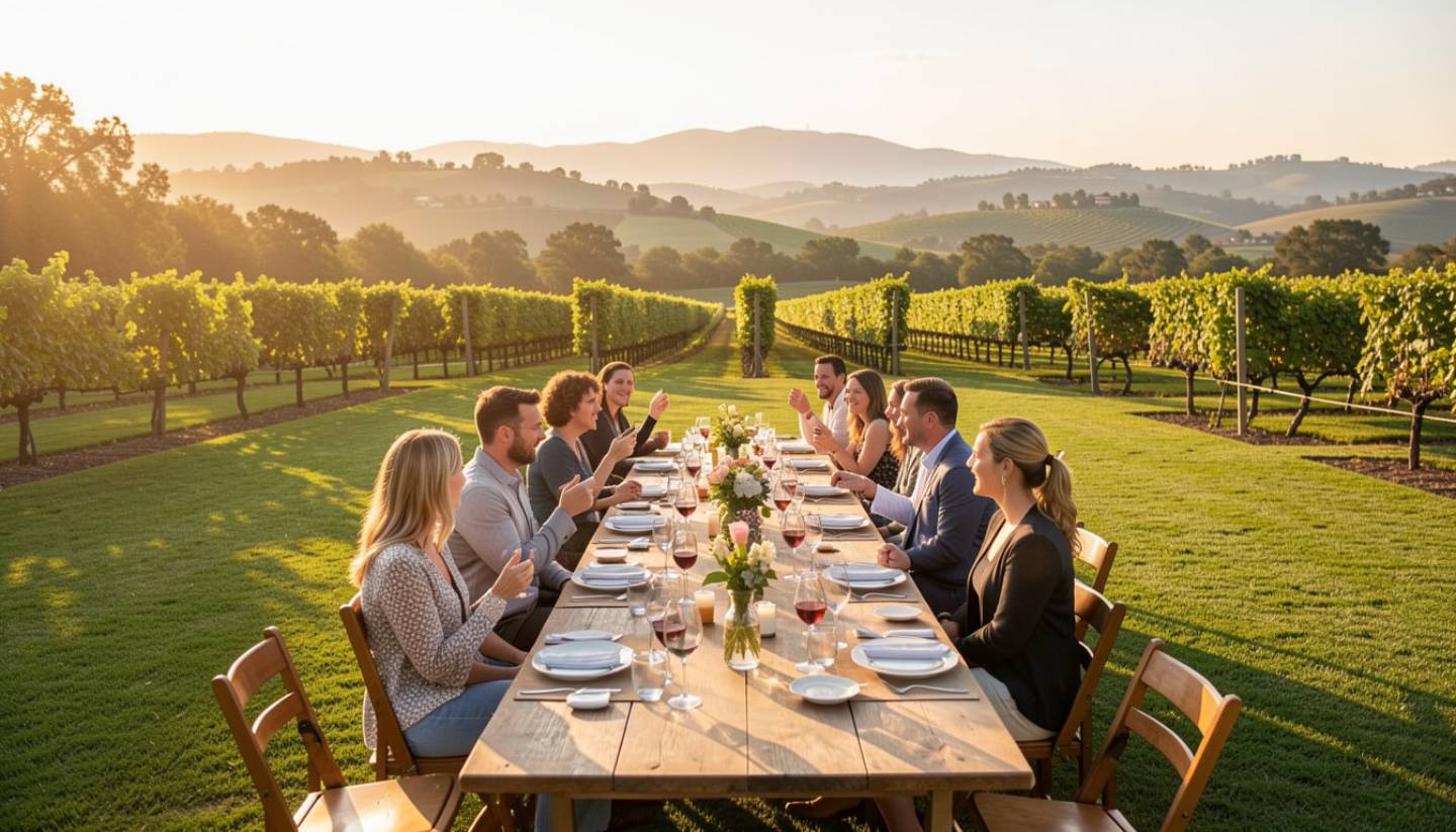 Large group gathering at a Napa Valley hotel courtyard during golden hour, with long table seating, vineyard views, and relaxed hospitality atmosphere.
