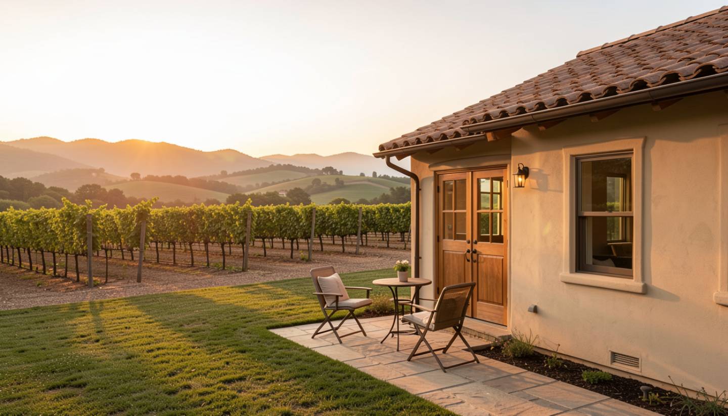 Private cottage at a Napa Valley hotel during golden hour, featuring outdoor seating, vineyard surroundings, and a quiet, residential atmosphere.