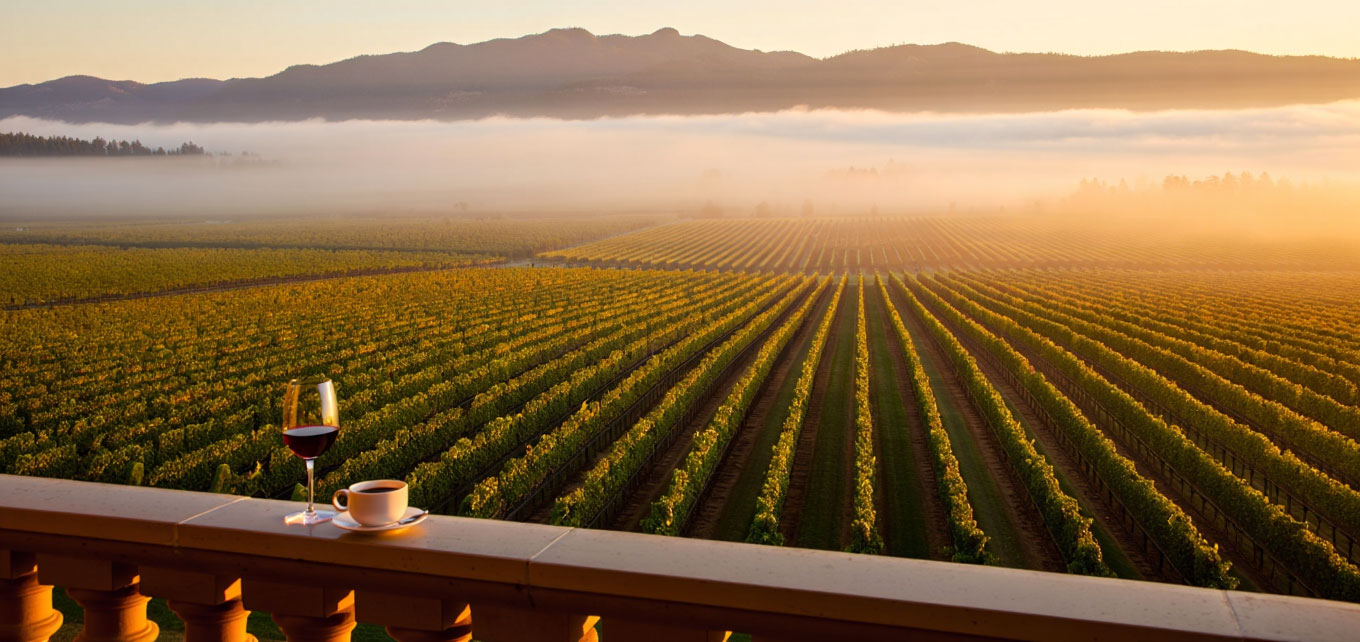 Morning vineyard view from a Napa Valley hotel overlooking vine rows on the Rutherford Bench as fog lifts toward the Mayacamas mountains.