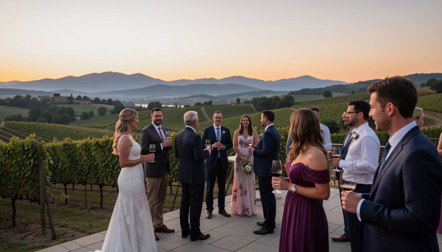 Wine country wedding at a Napa Valley hotel with guests gathered on a vineyard lawn during golden hour, highlighting natural scenery and relaxed celebration.