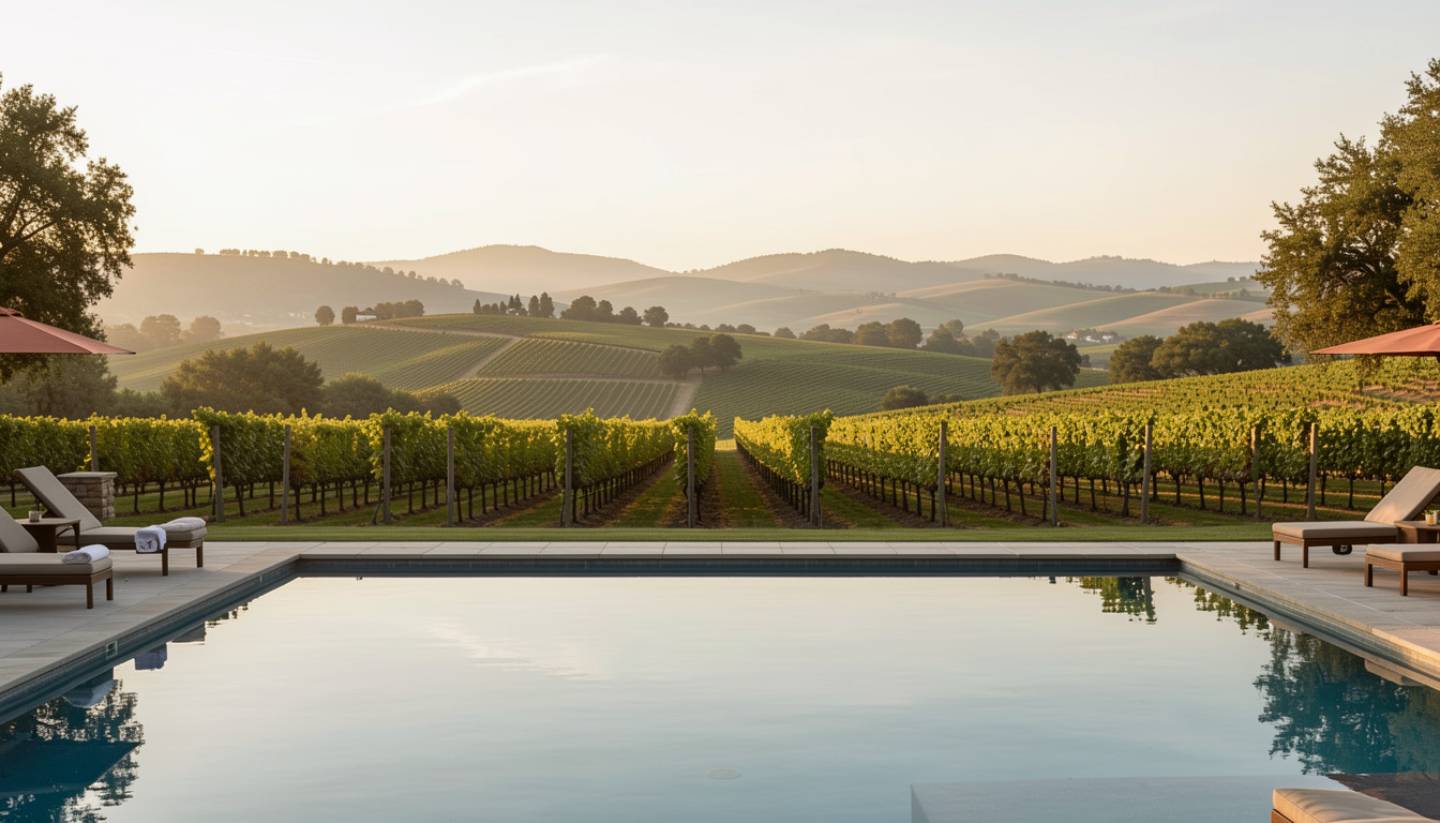 Resort pool in Napa Valley overlooking vineyard rows with golden afternoon light on the hills.