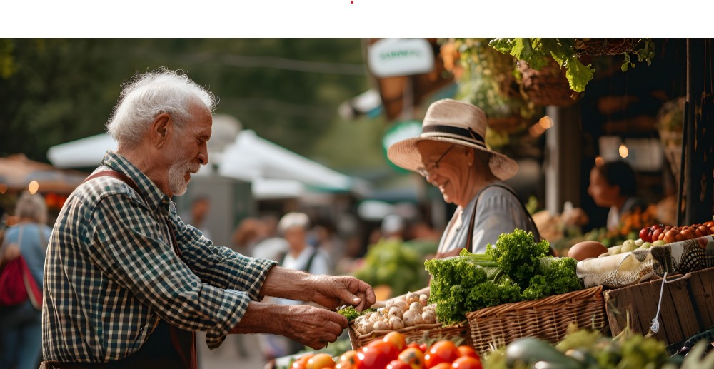 Farmers and shoppers at the Napa Valley farmers market in downtown Napa with fresh produce and morning light.