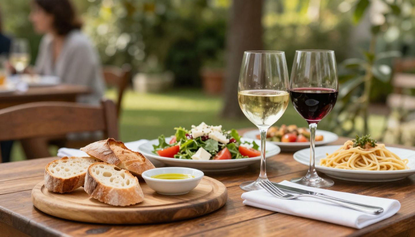 Outdoor patio dining in Napa Valley with fresh bread and seasonal dishes, representing a food-focused Napa Valley itinerary.