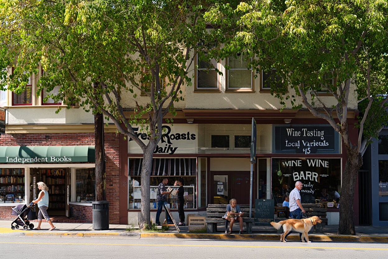 Local boutiques and shops along a walkable street in downtown Napa Valley with trees and soft daylight.