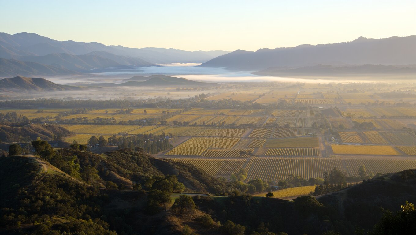 Panoramic view of Napa Valley from Skyline Wilderness Park with vineyard rows, rolling hills, and morning fog below the ridge.