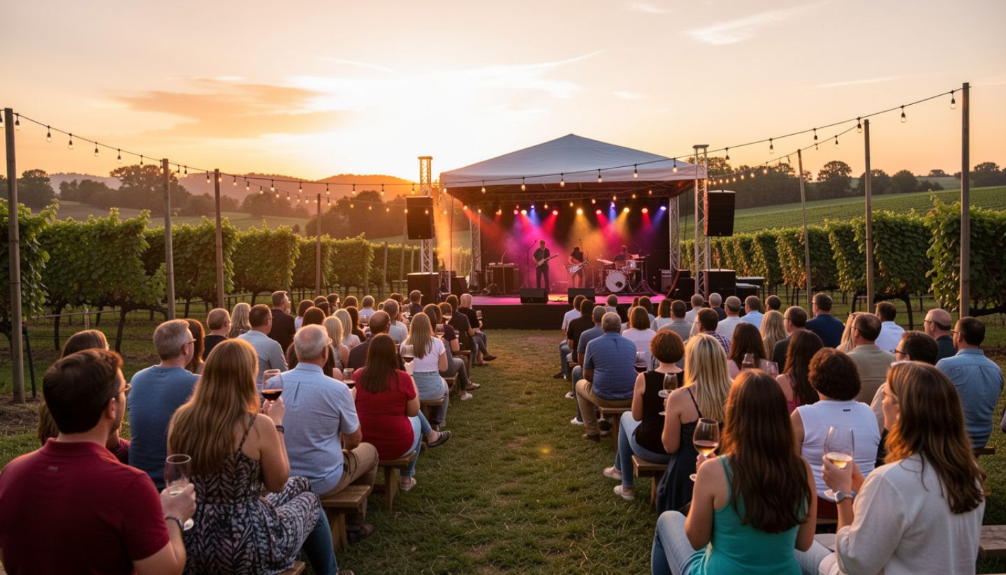 “Outdoor live music concert at a Napa Valley winery during sunset with vineyard views, string lights, and guests enjoying wine on the lawn.”