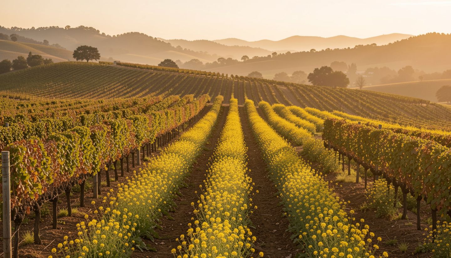 “Golden hour view of a Napa Valley vineyard with green cover crops growing between vine rows, highlighting organic and regenerative farming practices.”