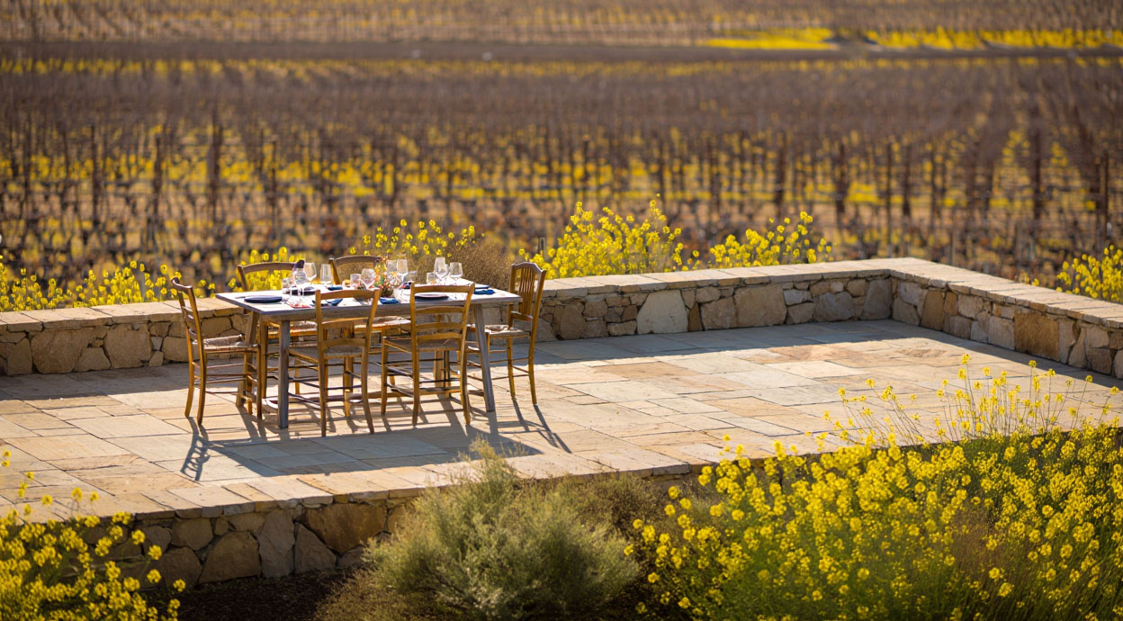 Outdoor dining terrace overlooking Napa Valley vineyards during mustard season, with table set for lunch and yellow flowers covering the valley floor.