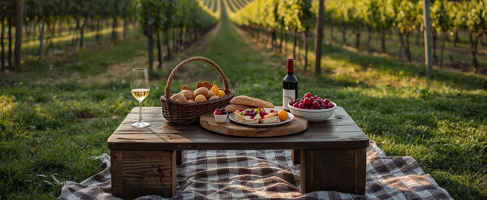 Picnic table set among vineyard rows in Napa Valley with sandwiches and wine during a quiet afternoon.