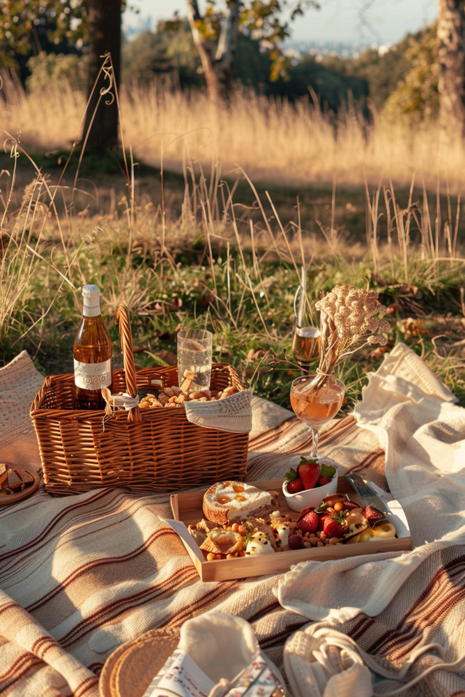 Picnic blanket with bread and fruit set in a Napa Valley park with vineyard views and soft daylight.