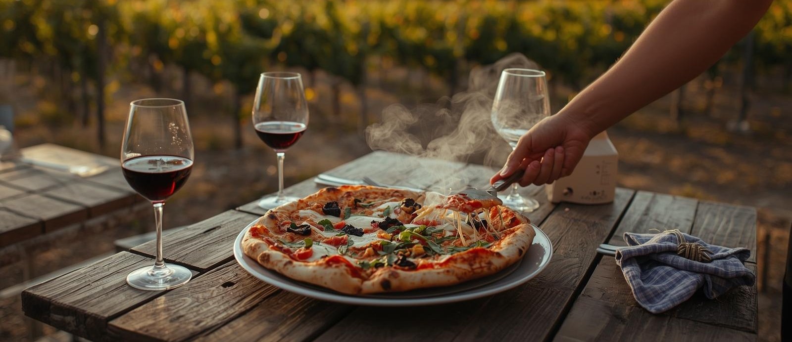 Wood fired pizza served at an outdoor table in Napa Valley during a warm evening with vineyard hills nearby.