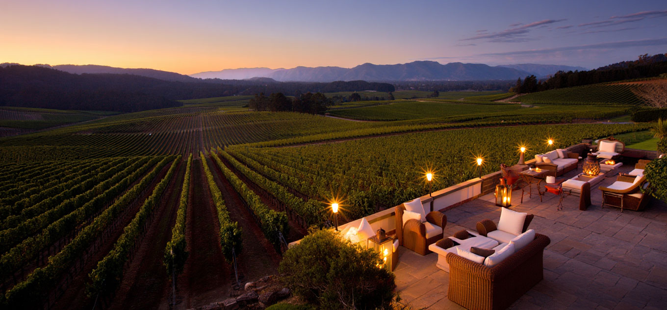 Sunset vineyard view from a romantic Napa Valley hotel terrace with vine rows and hills in soft evening light.