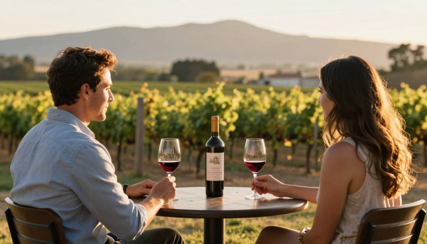 Couple seated at an outdoor winery terrace in Napa Valley during golden hour, overlooking Rutherford benchland vineyards and the Mayacamas mountains, sharing a romantic Cabernet tasting.