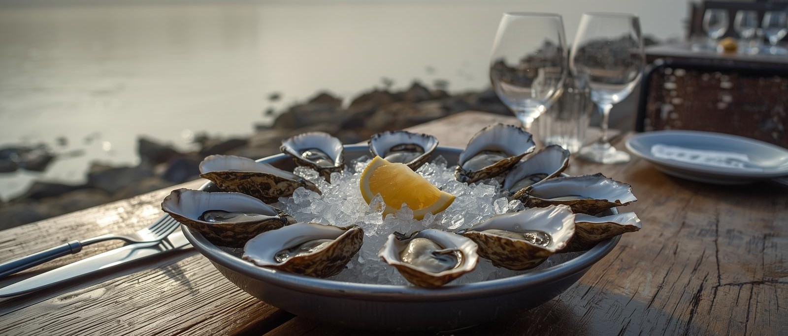 Fresh oysters on ice at an outdoor table near the Napa River in downtown Napa during a cool evening.