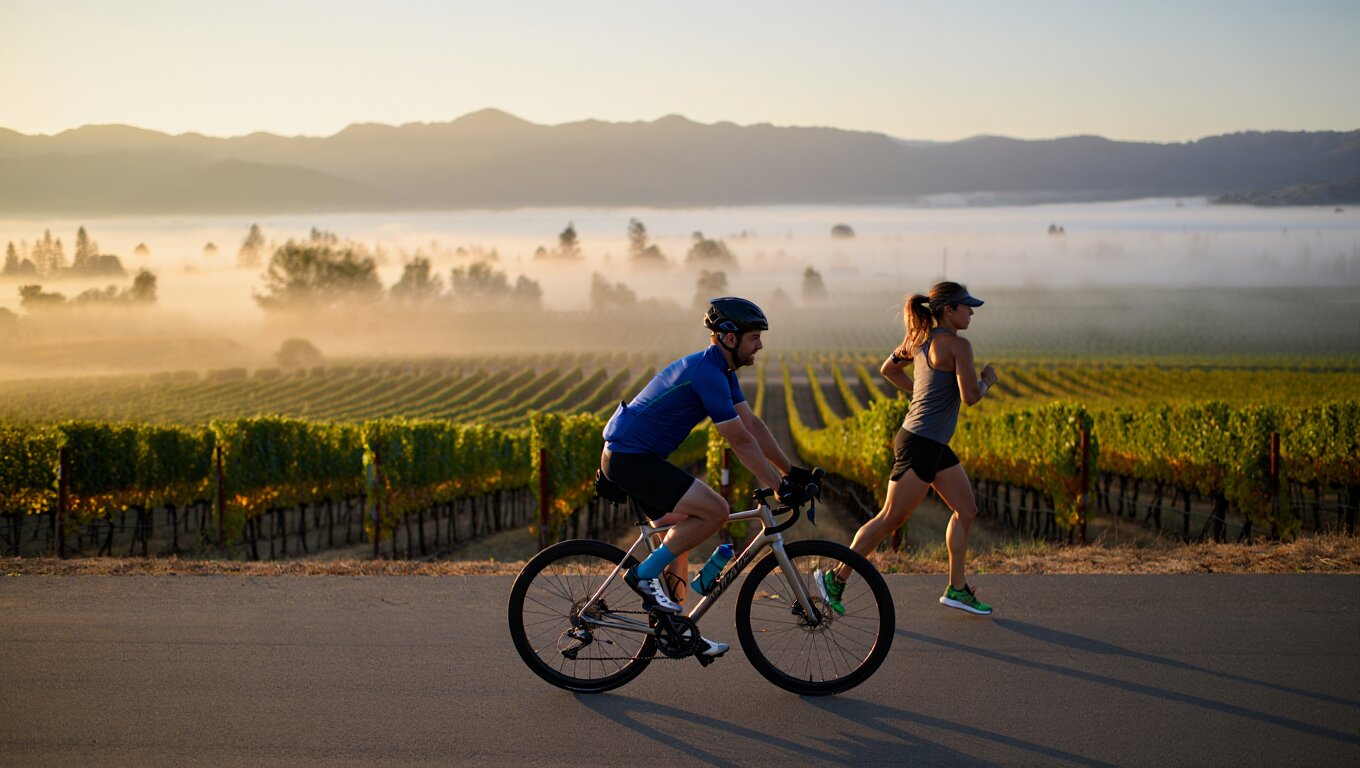 Cyclist and runner on the Napa Valley Vine Trail at sunrise with vineyard rows and light fog lifting over the hills.