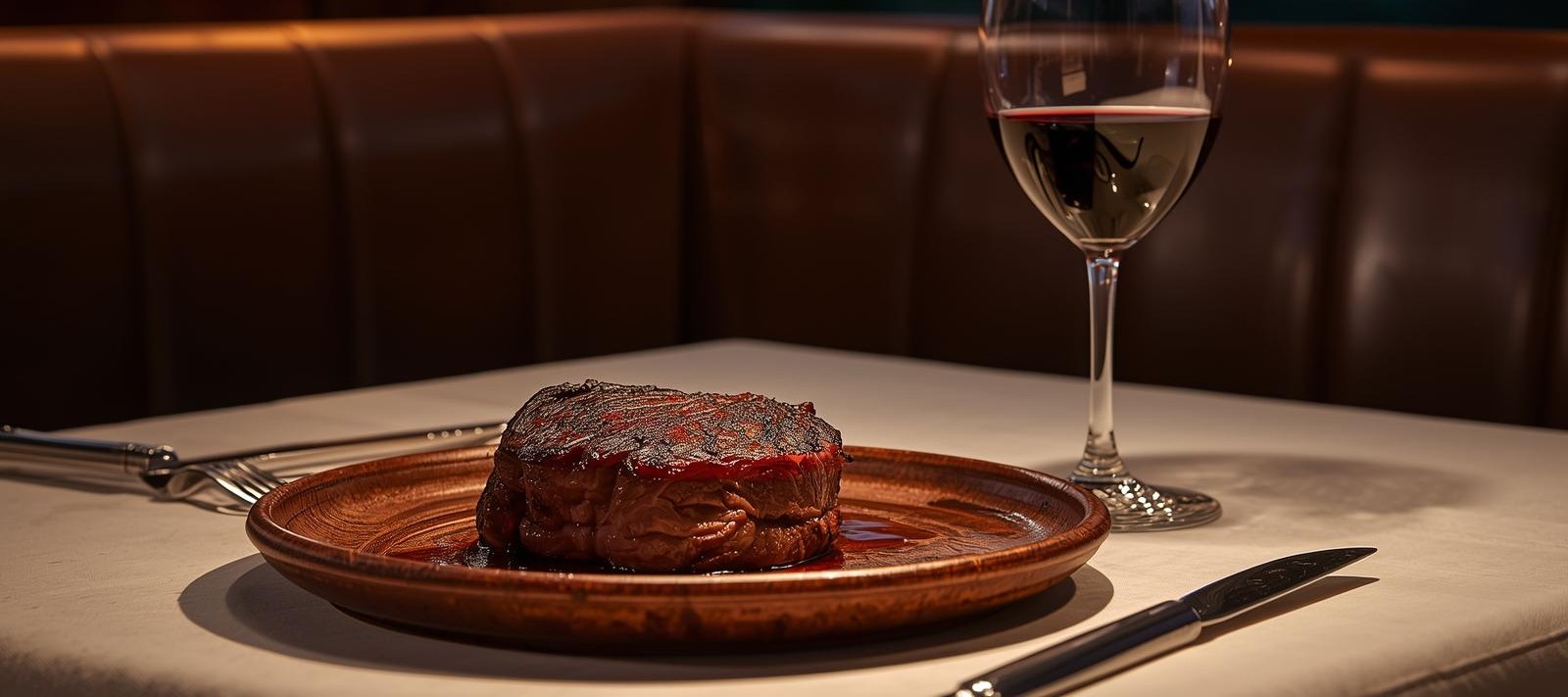 Grilled steak served at a Napa Valley steakhouse in the evening with a glass of Cabernet Sauvignon on the table.