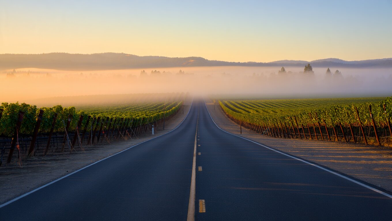 Early morning drive along a quiet Napa Valley road with vineyards on both sides and soft fog lifting over the hills.