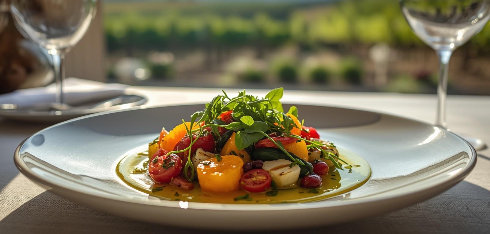 Plant forward dish made with seasonal vegetables served at a Napa Valley restaurant with garden elements in the background.