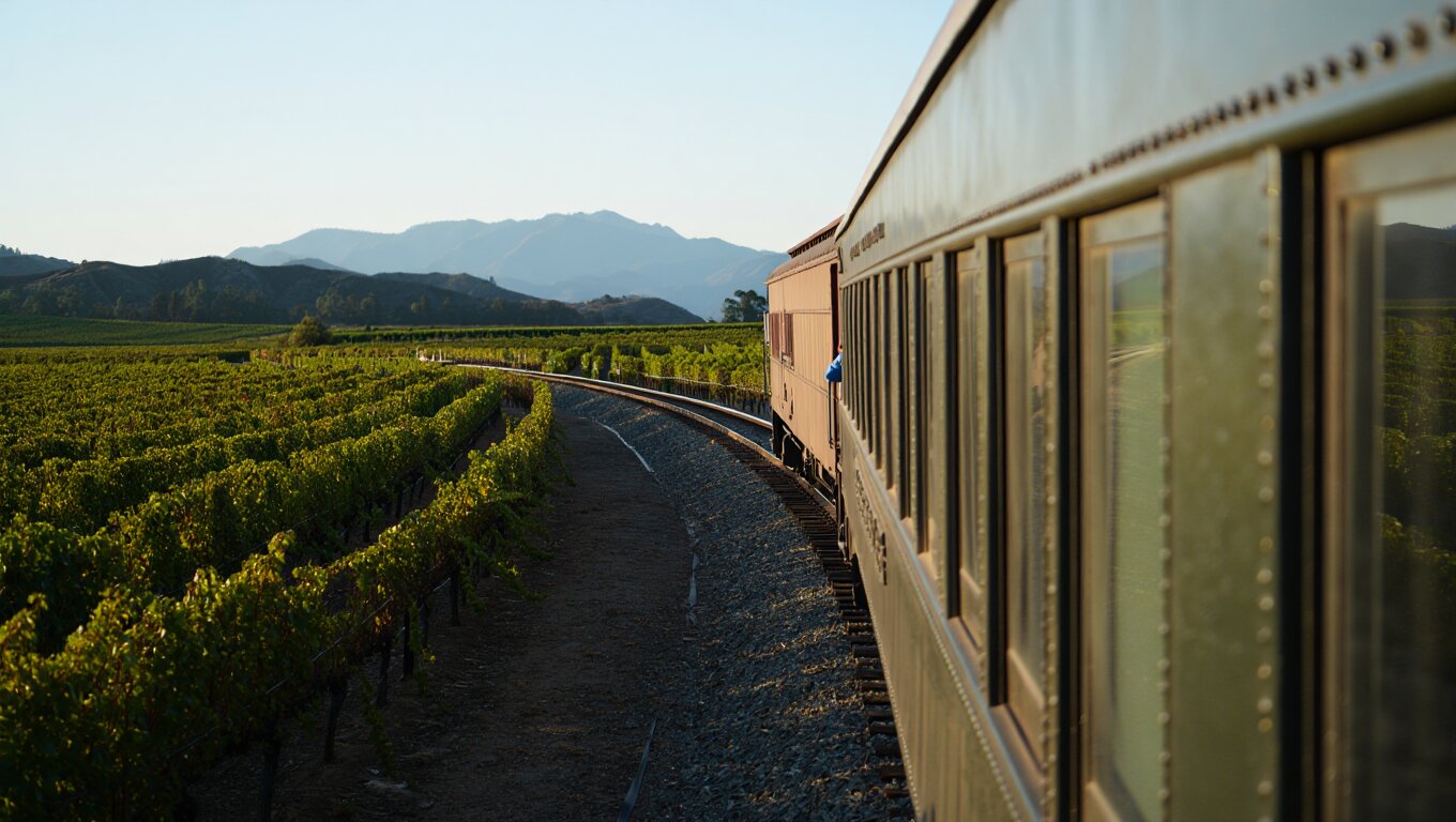 Vintage Napa Valley Wine Train traveling through vineyard rows in Napa Valley during soft afternoon light, showcasing a historic rail experience through wine country.