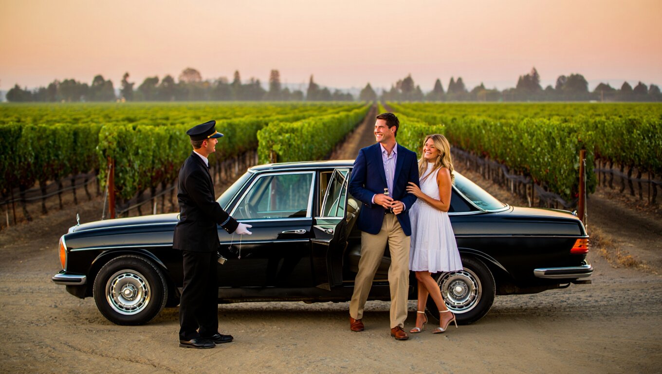 Private wine tour vehicle stopped along a quiet Napa Valley vineyard road with a driver assisting guests under soft morning light.