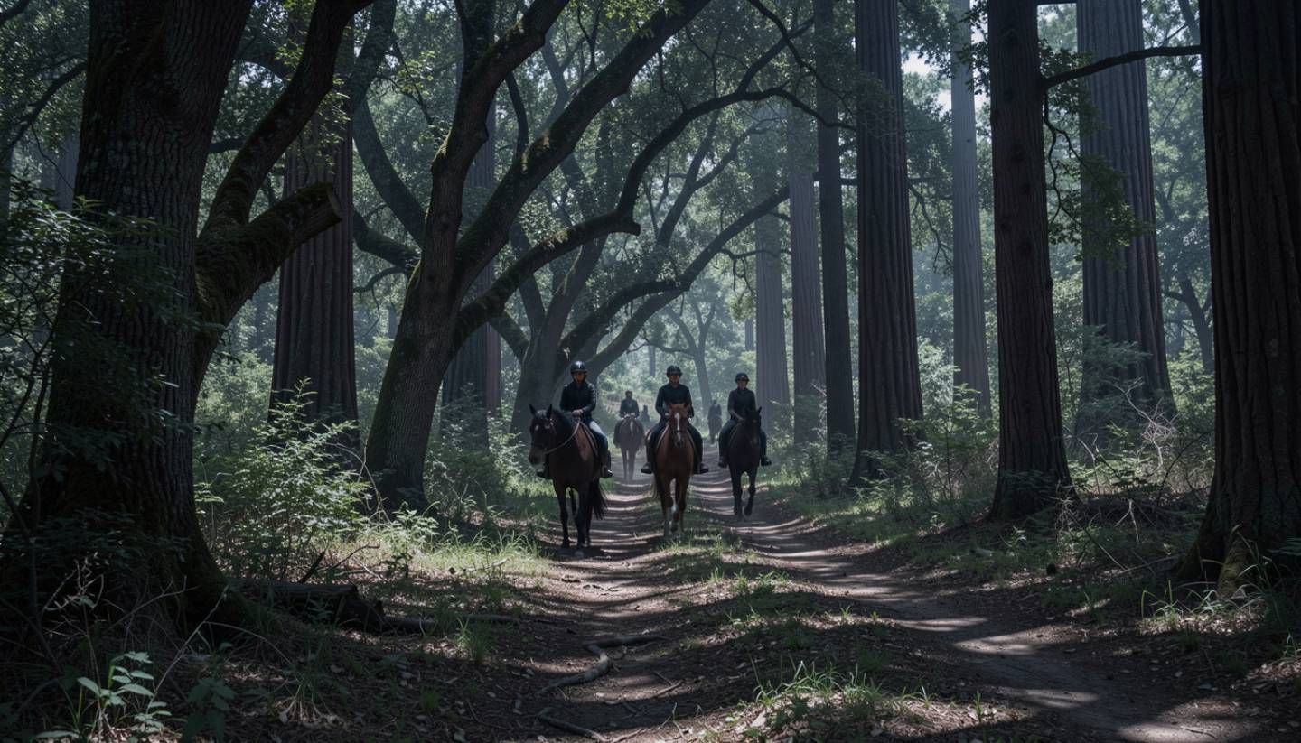 Horses and riders moving slowly along a shaded forest trail in Bothe-Napa Valley State Park, with oak trees and filtered sunlight creating a calm riding environment