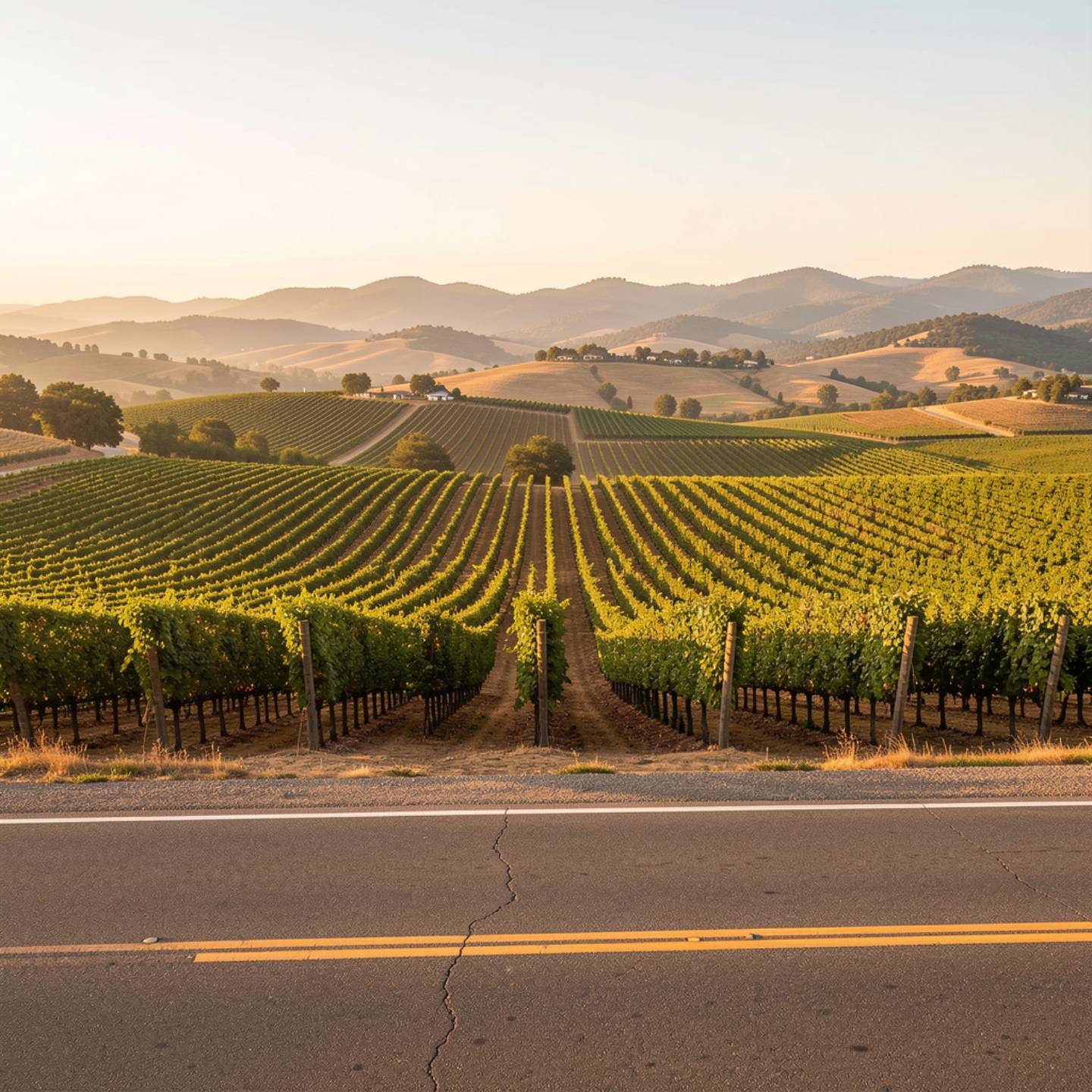 Wide view of Napa Valley vineyards from the Silverado Trail with rolling hills and open farmland, showing a calm, accessible wine country landscape.